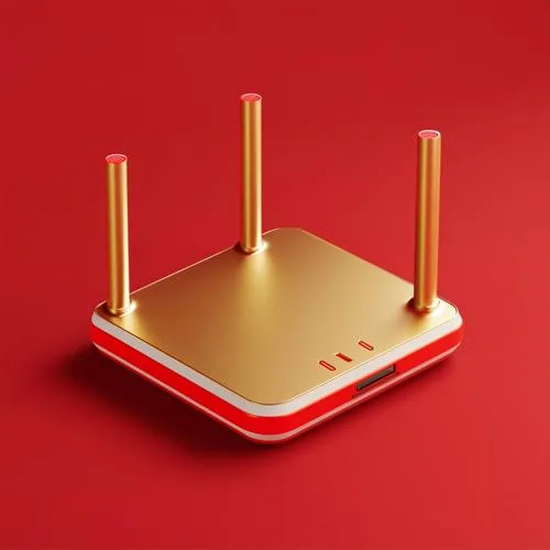 Routeur Wi-Fi doré à trois antennes sur fond rouge